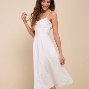 White embroidered bustier midi dress with pockets